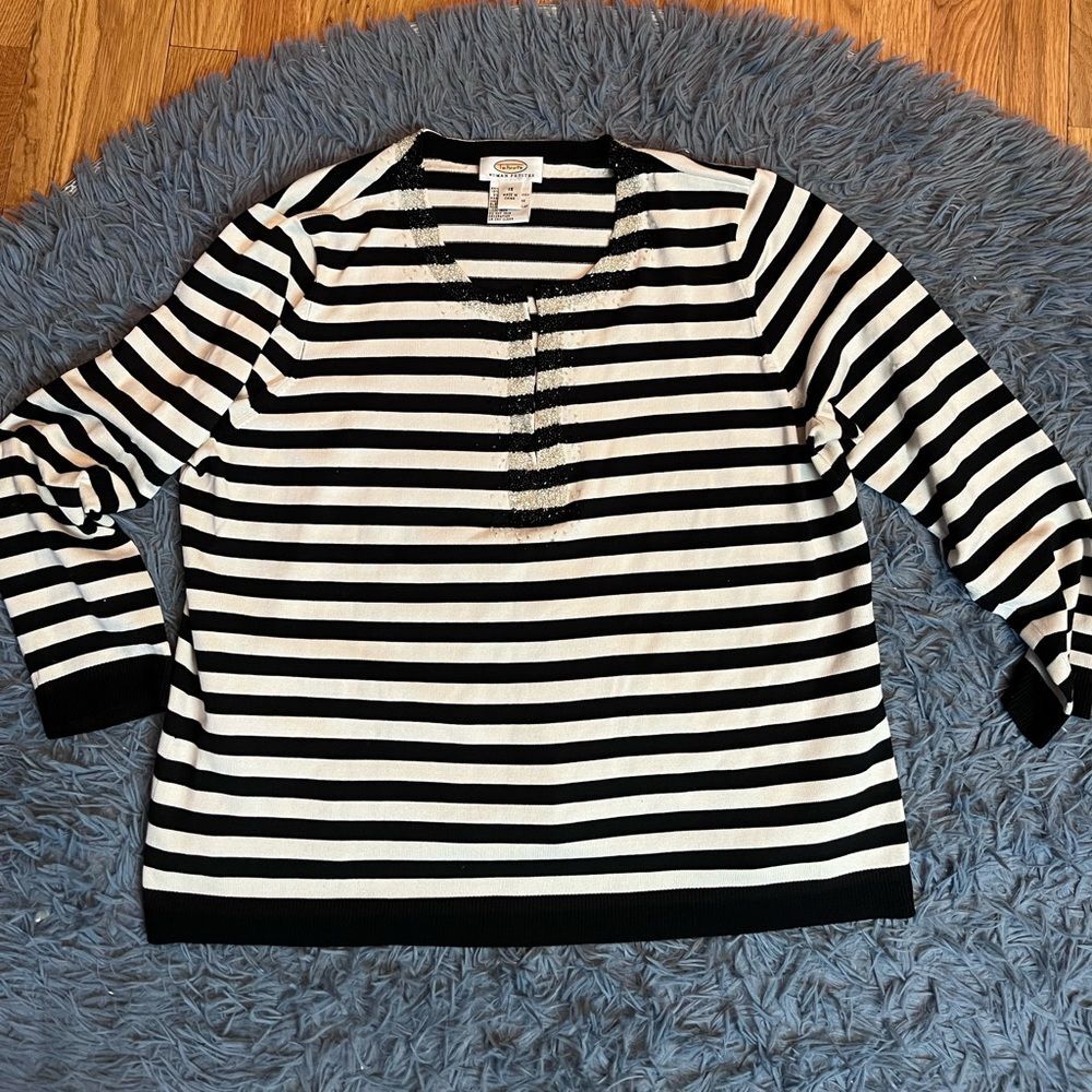 Talbots Silk Embellished Collar Striped Black White Long Sleeve Top Size 1X
